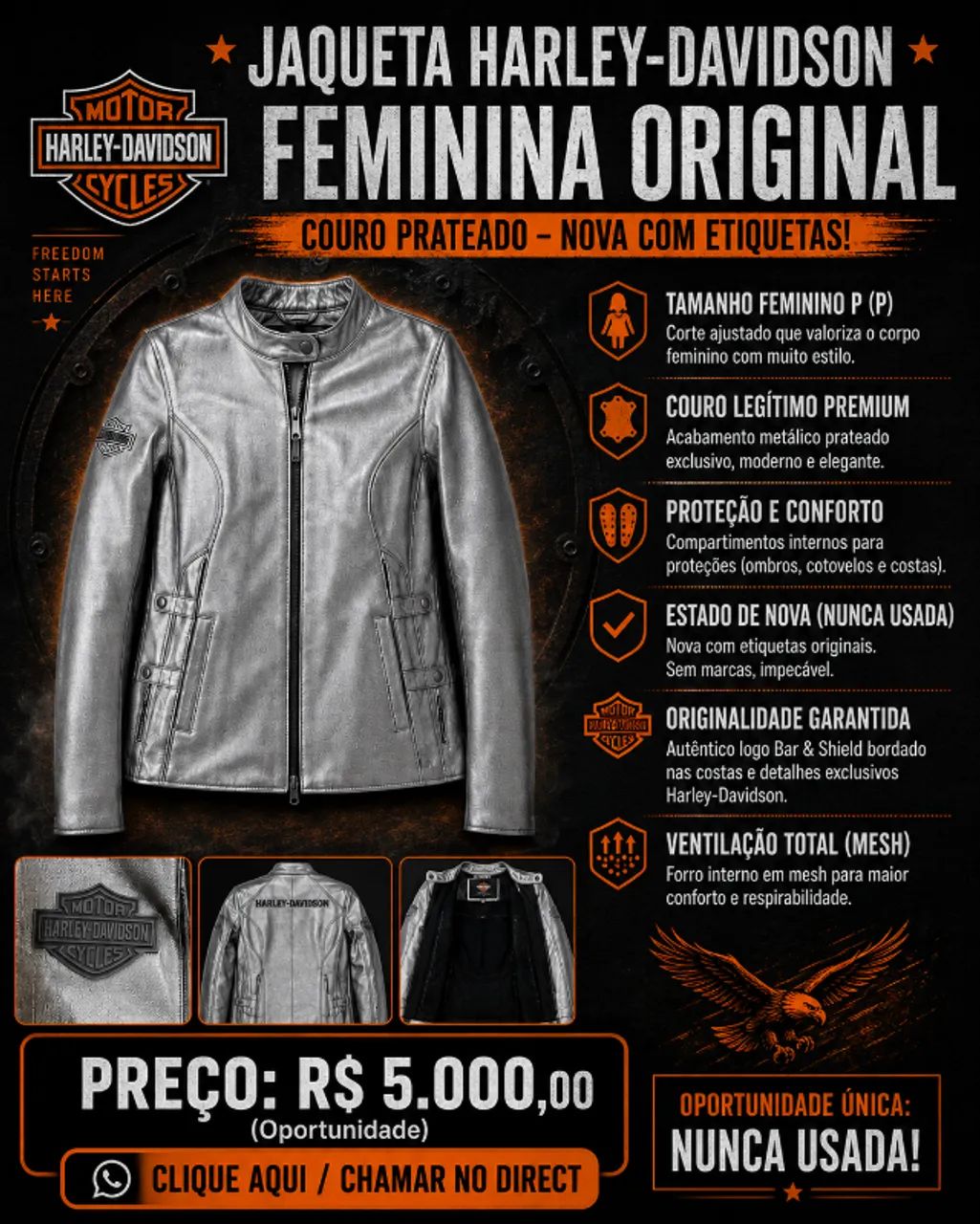 Jaqueta Harley Davidson Feminina Couro Prateado Original - Roupas