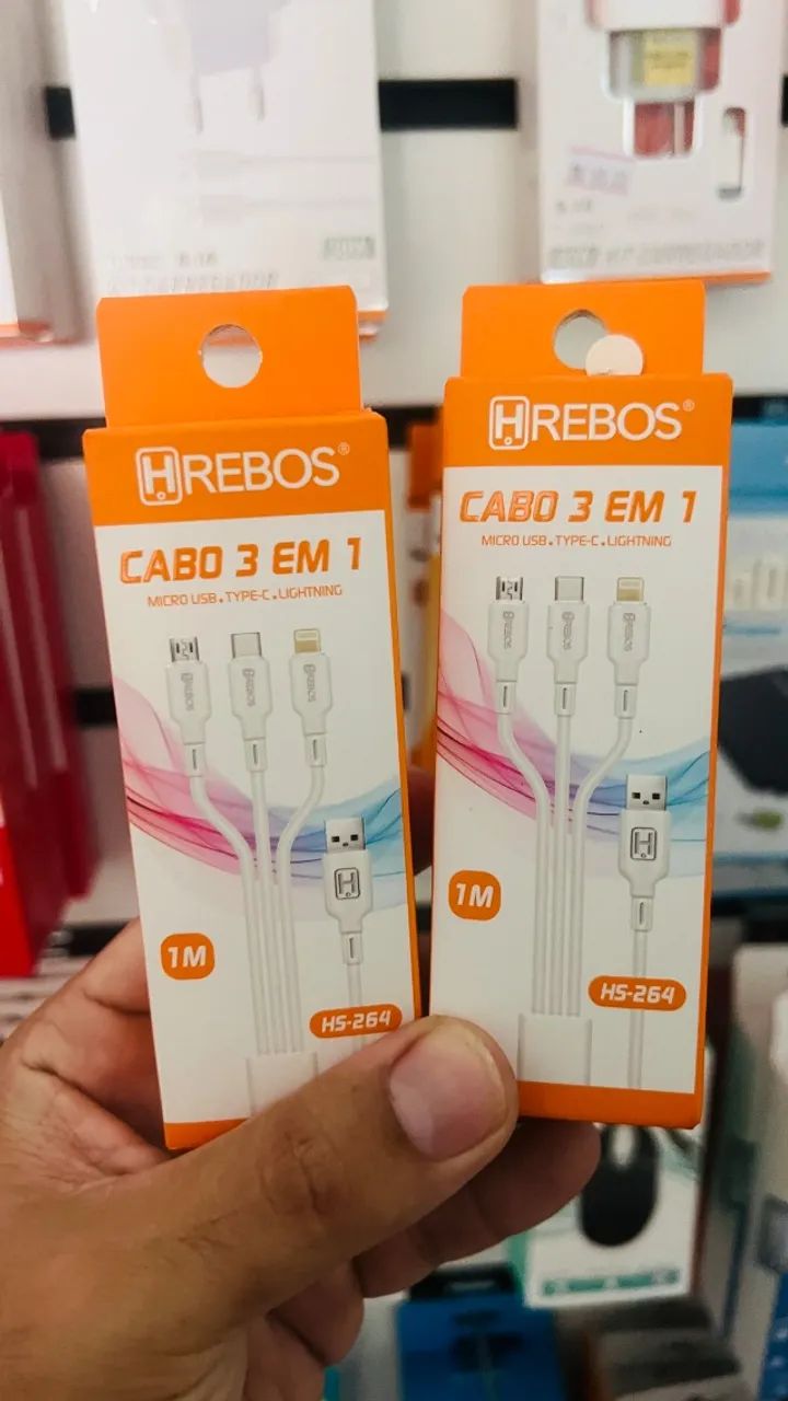 Cabo 3x1 para celulares- Hrebos - Tipo-c, v8 e Lightning iphone