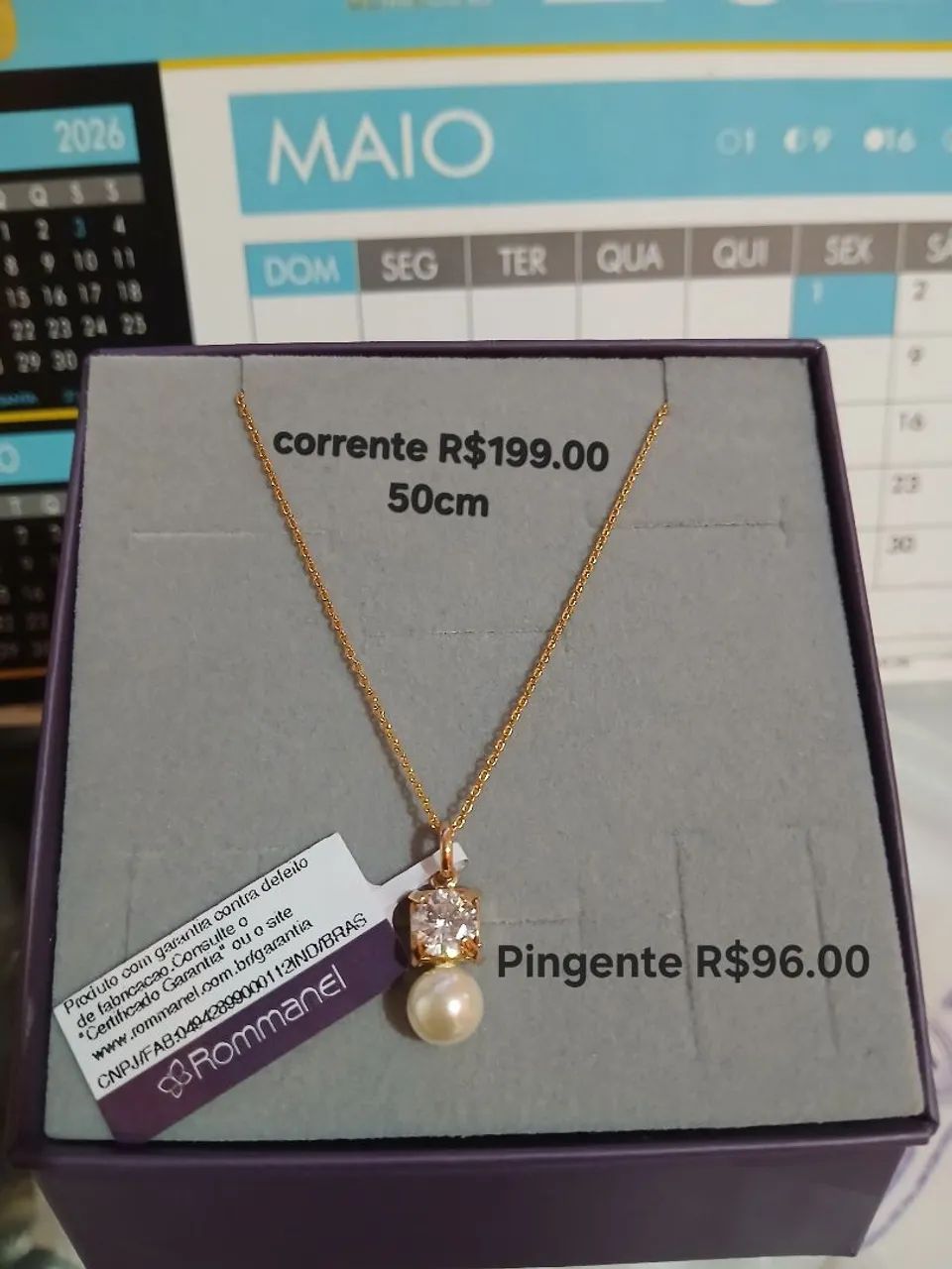 Corrente elo cadeado + pingente com zirconia e pérola sintética rommanel 