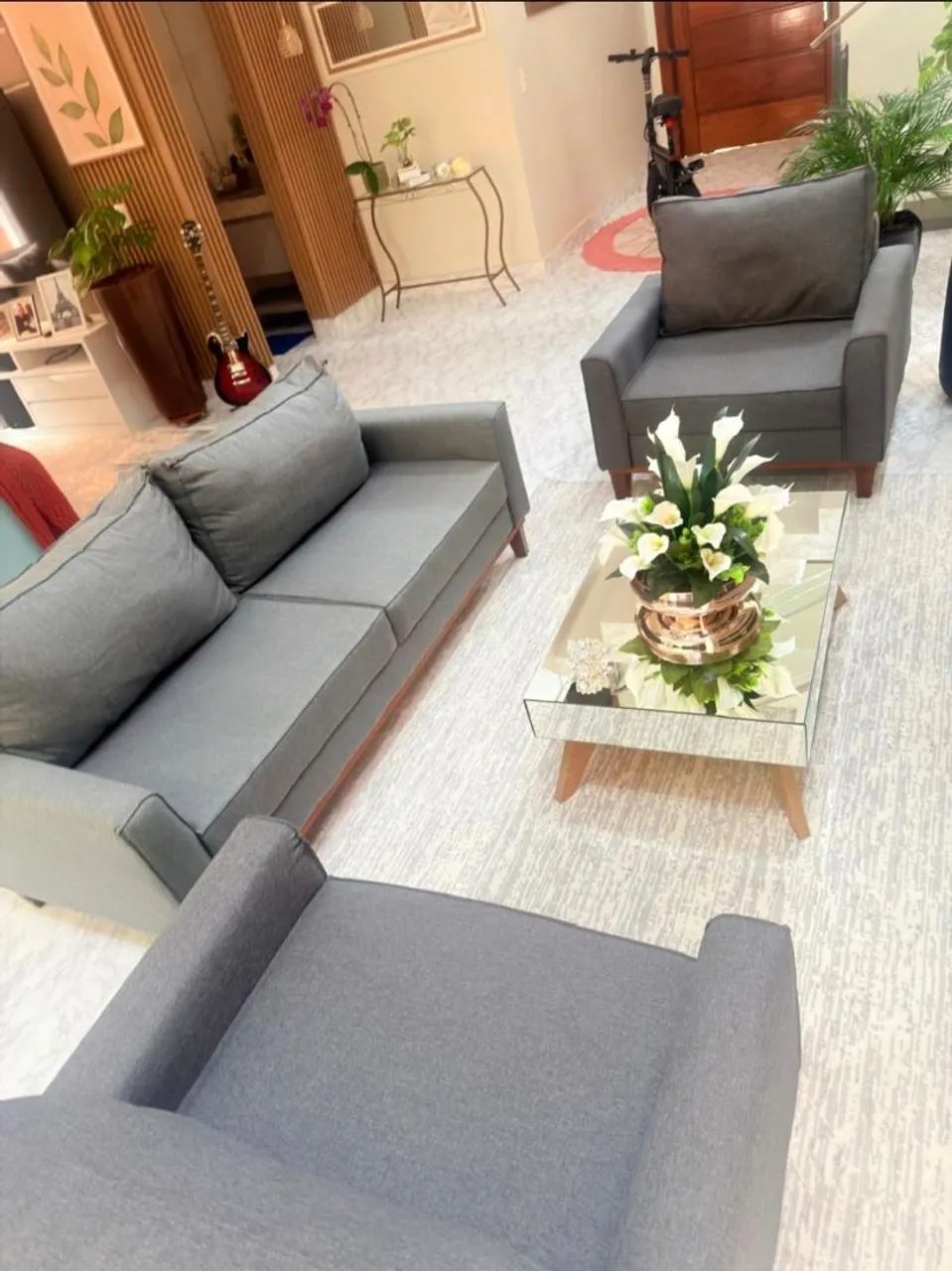 Conjunto Sofá 3 Lugares Istambul Com 2 Poltronas em Linho Cinza - Foto 4