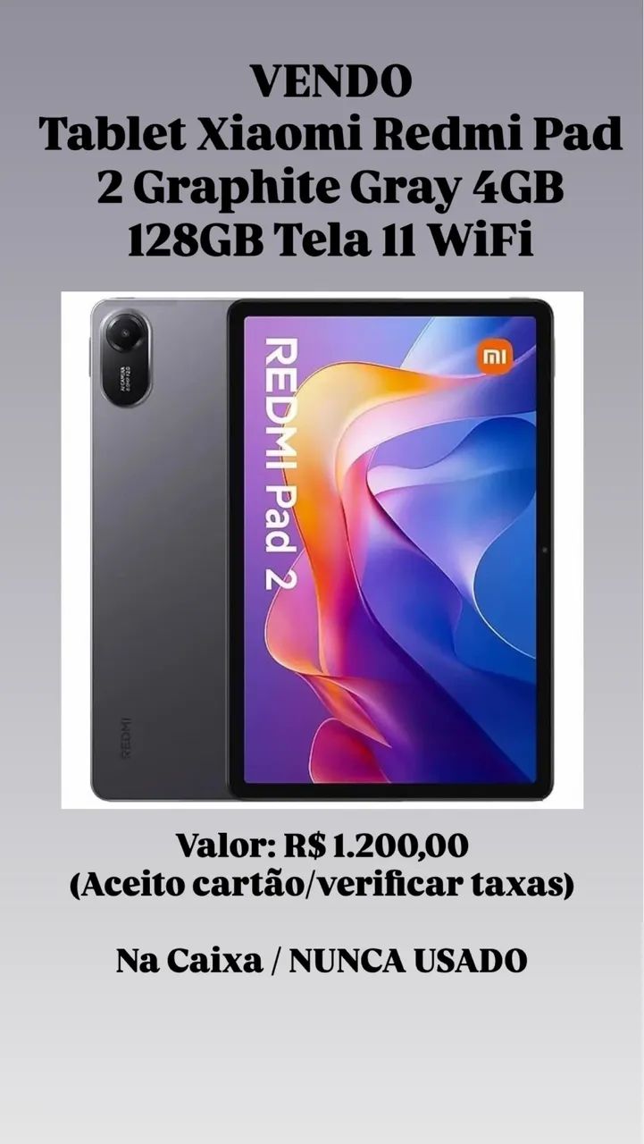 VENDO TABLET Redmi Pad 2 Graphite Gray 4GB 128GB Tela 11 WiFi