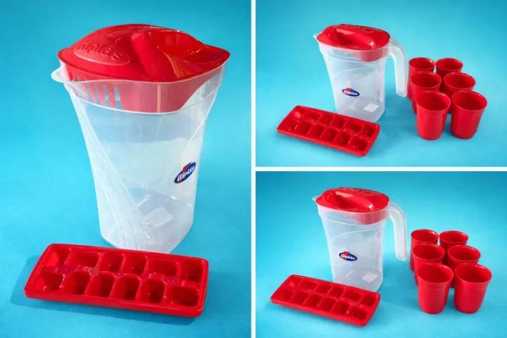 Kit Jarra Com 6 Copos E Forma De Gelo Vermelho Plástico. - Foto 2