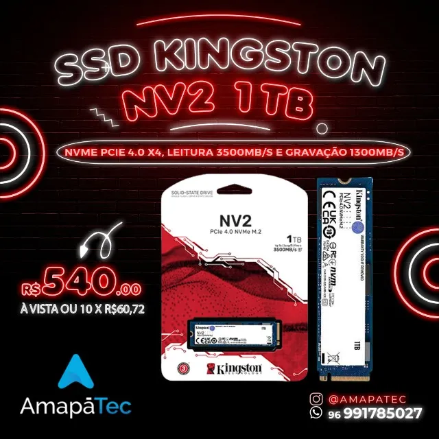 SSD 1TB Kingston Nv2, M.2 2280 PCIe, NVMe, Leitura 3500MB/s, Gravação 2100MB/s