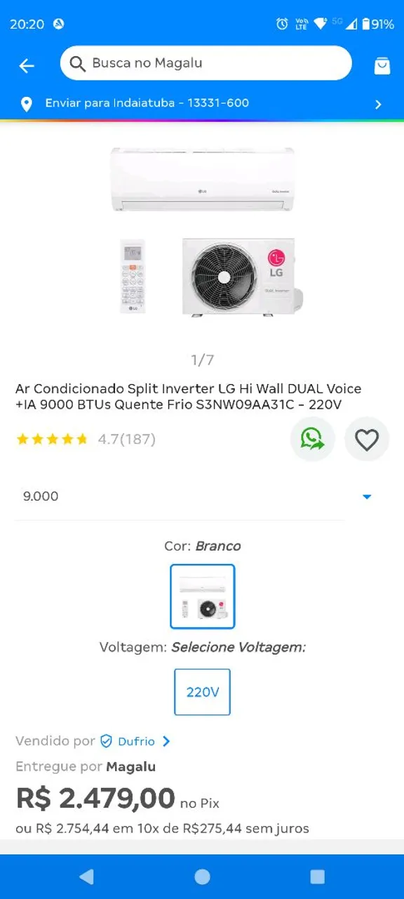 Ar Condicionado Split Inverter LG Hi Wall 9000 BTUs 220V
