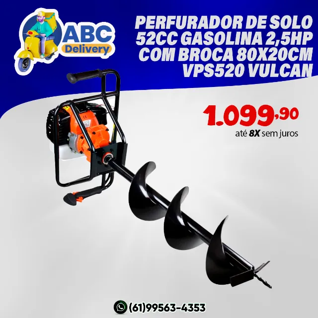 Perfurador de Solo 52cc Gasolina 2,5Hp Com Broca 80x20cm Vps520 Vulcan