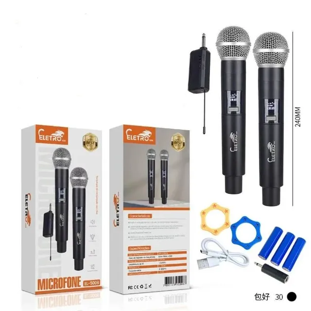 Microfone Sem Fio Uhf Duplo Profissional Digital Recarregável EL-5006