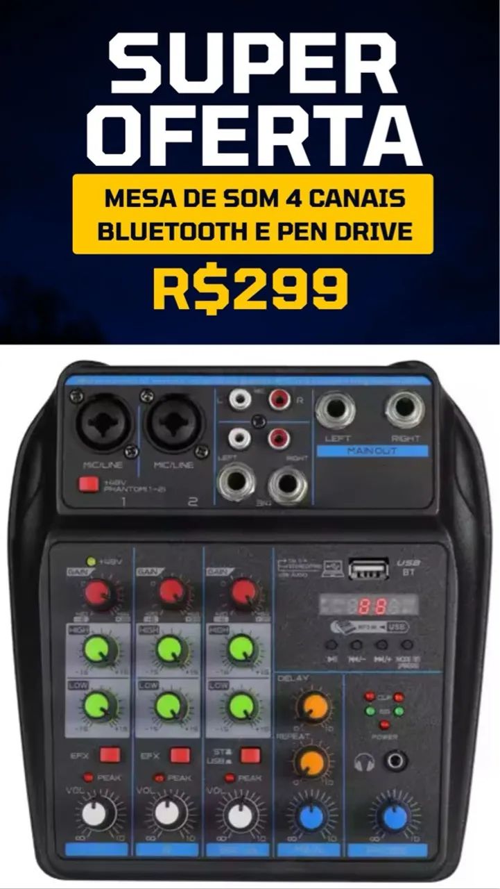 Mesa de Som 4 Canais Bluetooth e Pen Drive - Super Oferta!