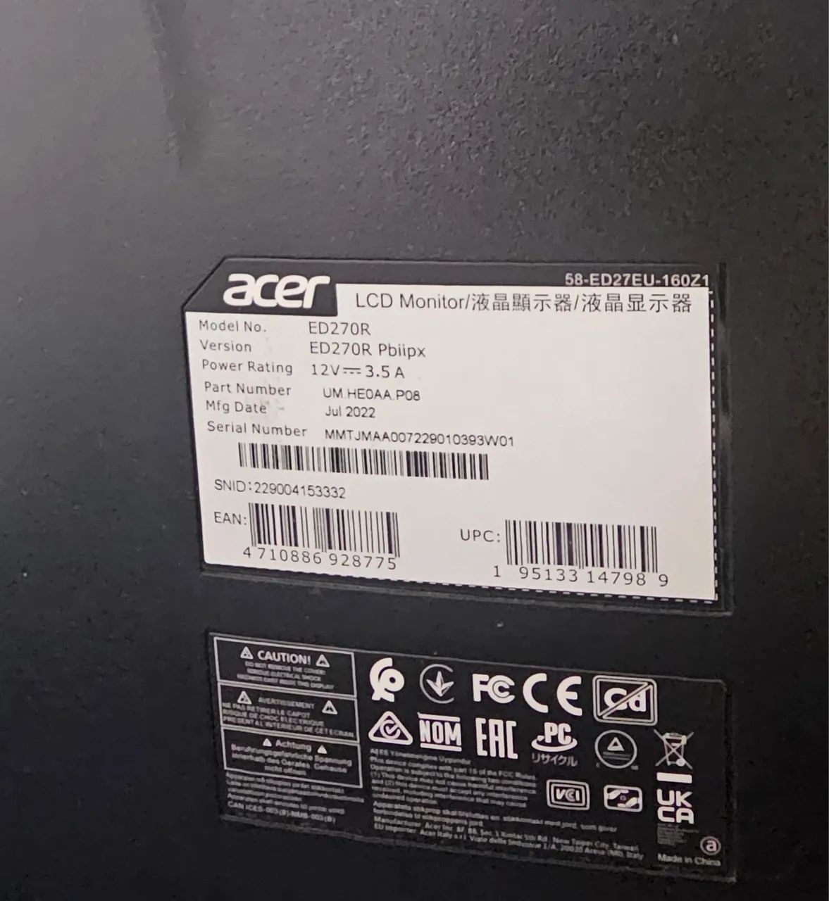 Monitor Acer curvo 27 polegadas (com defeito) , para retirada de peças 