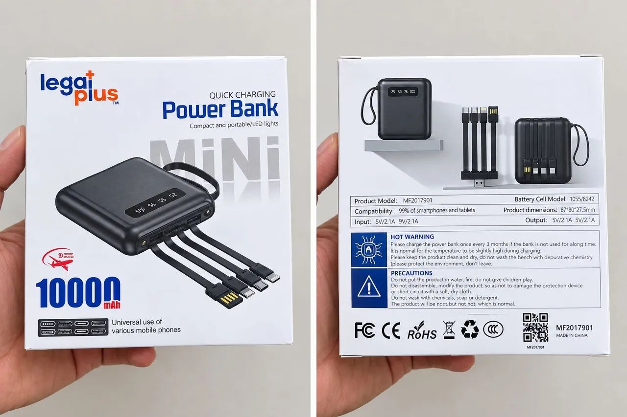Power Bank 10.000mAh Novo com Cabos Integrados - Acessórios de