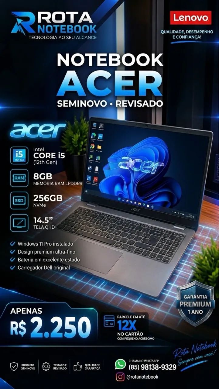 2024年製 Acer 第12世代i5 12GB 新品SSD256GB Notebook Acer i5 12thr 8Giga SSD 256 top modelo novo - Notebooks