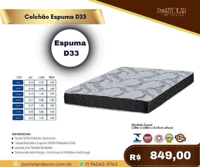 Colchão espuma D33, a pronta entrega 