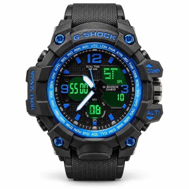 RELÓGIO MASCULINO_BORRACHA PRETA COM ACABAMENTO AZUL NO VISOR