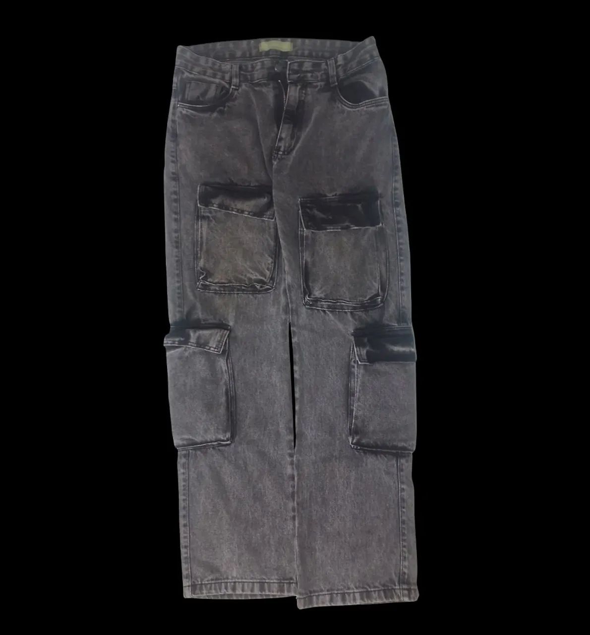 Calça Cargo Jeans Wide Leg Preta Estonada