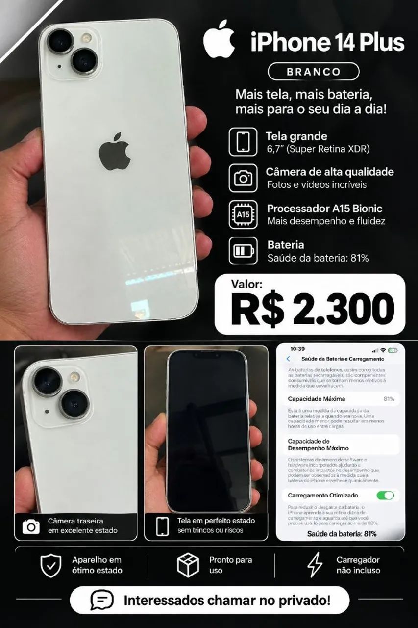 Vendo iPhone 14 plus branco saúde dá bateria 81%