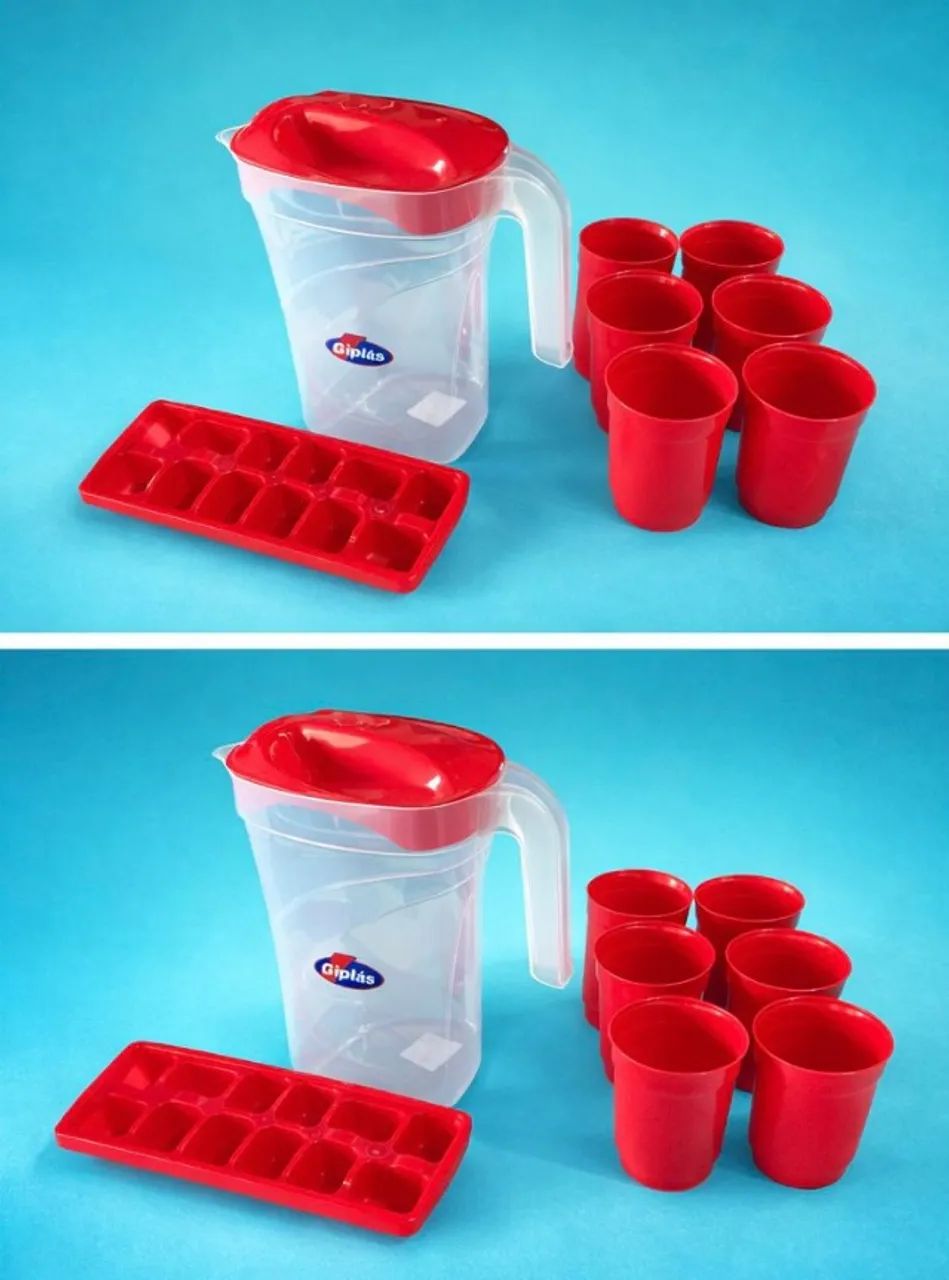 Kit Jarra Com 6 Copos E Forma De Gelo Vermelho Plástico. - Foto 3
