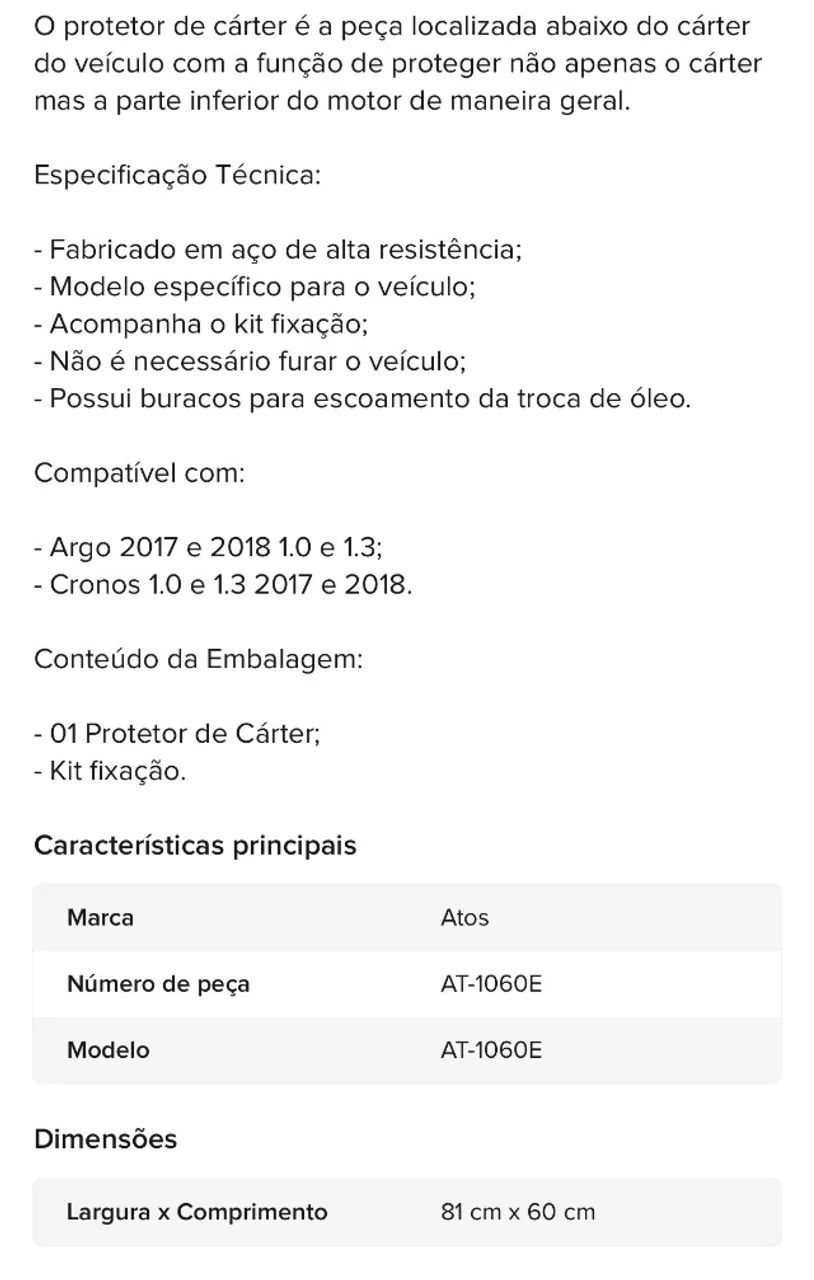 Protetor De Cárter Argo E Cronos 1.0 E 1.3 2017 E 2018I?m  - Foto 2