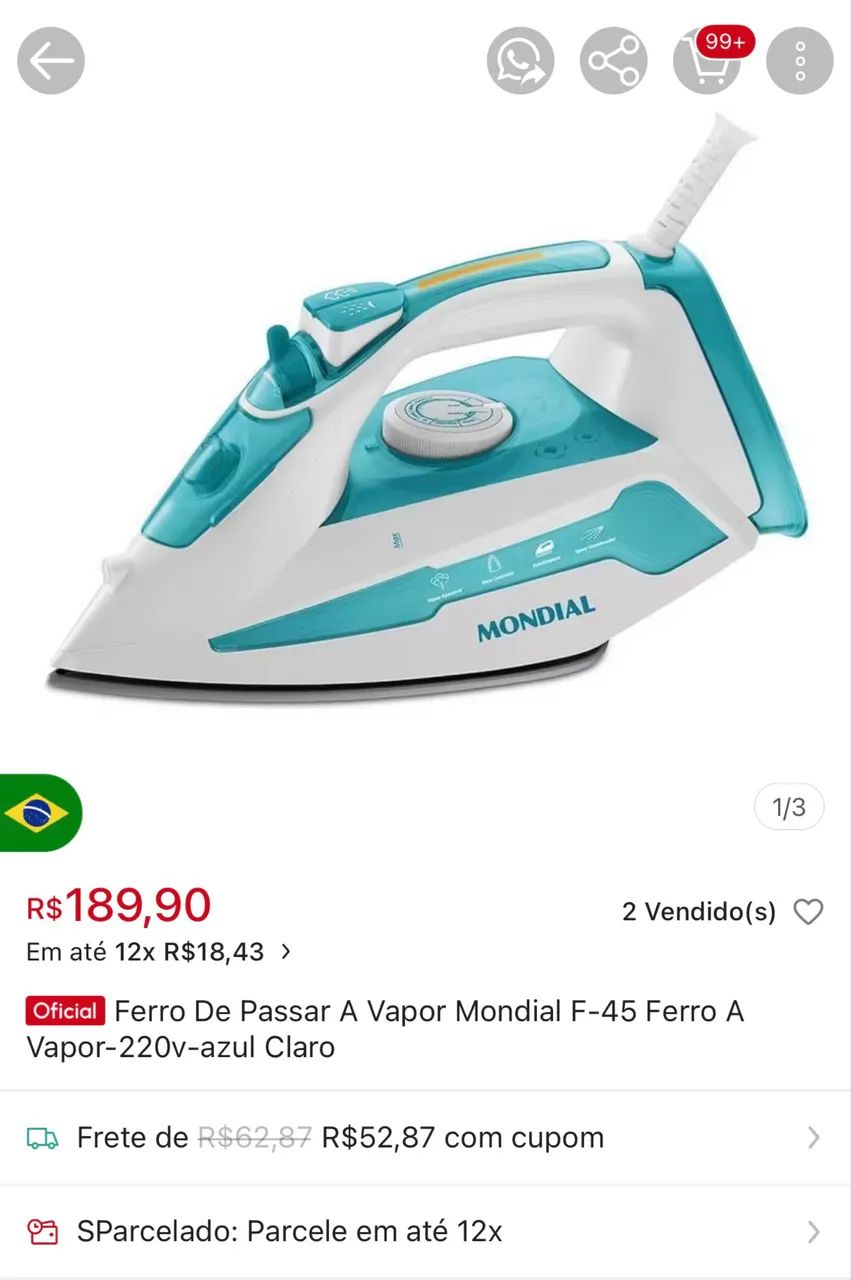 Ferro De Passar A Vapor Mondial F-45 Ferro A Vapor-220v-azul Claro - Foto 5