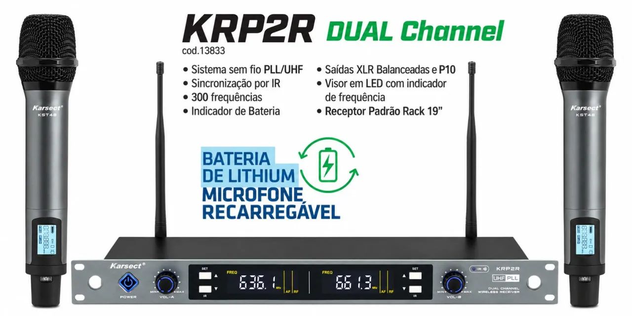 Microfone Sem Fio Duplo de Mão Karsect Recarregável | Profissional Rack - Foto 5