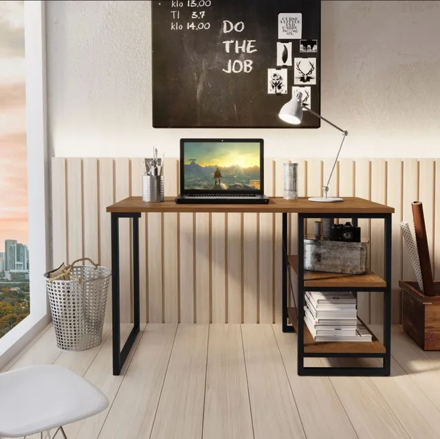 Escrivaninha Mesa Office Estudo Estilo Industrial Cor Preto/Imbuia