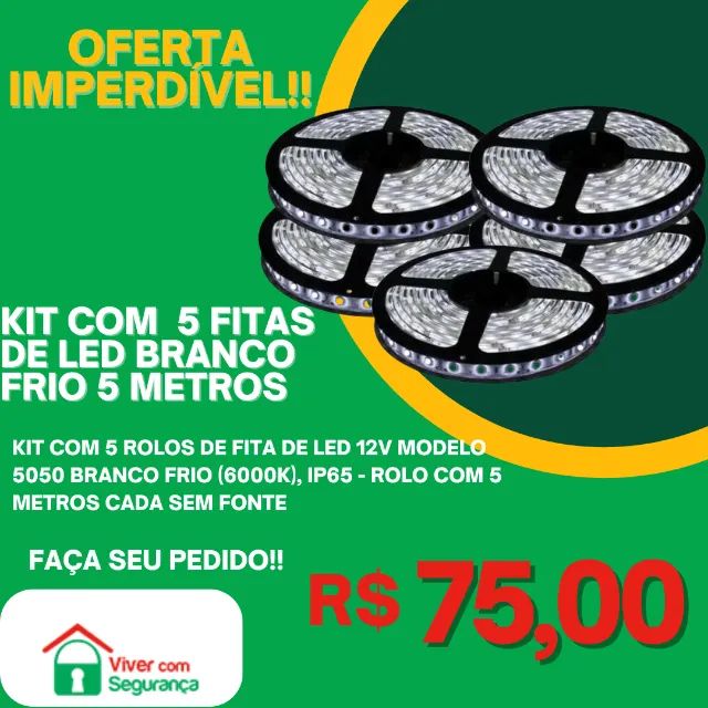Kit com 5 Fitas de Led Branco Frio Modelo 5050 IP65 12V 