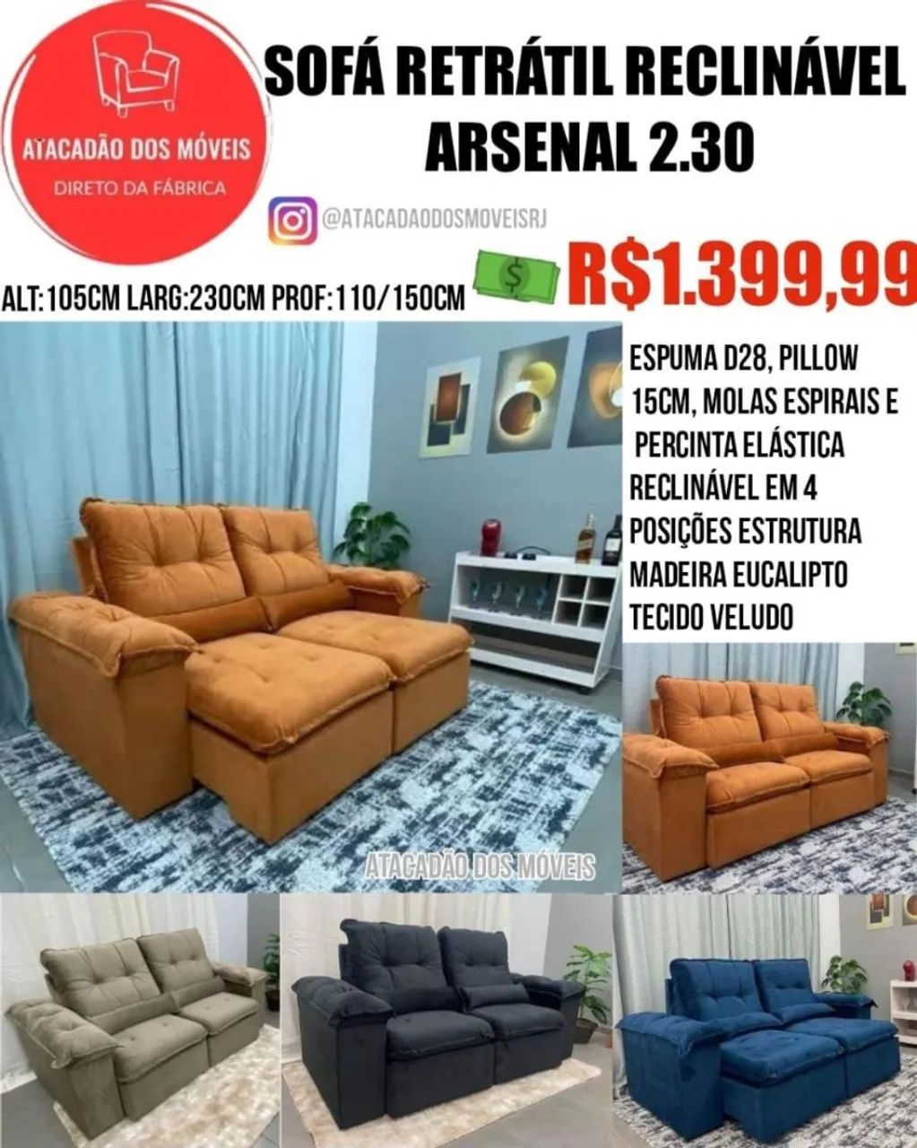 Sofá Retrátil Reclinável Arsenal 2.30 - 3 lugares