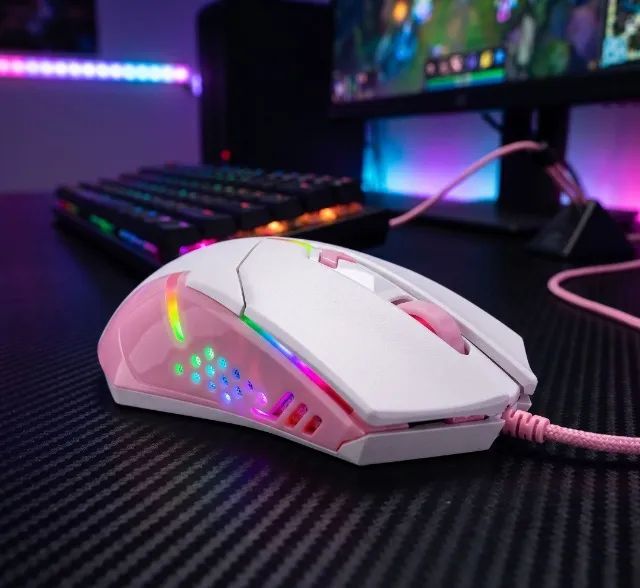 Mouse Gamer Redragon centrophorus Rgb branco e rosa