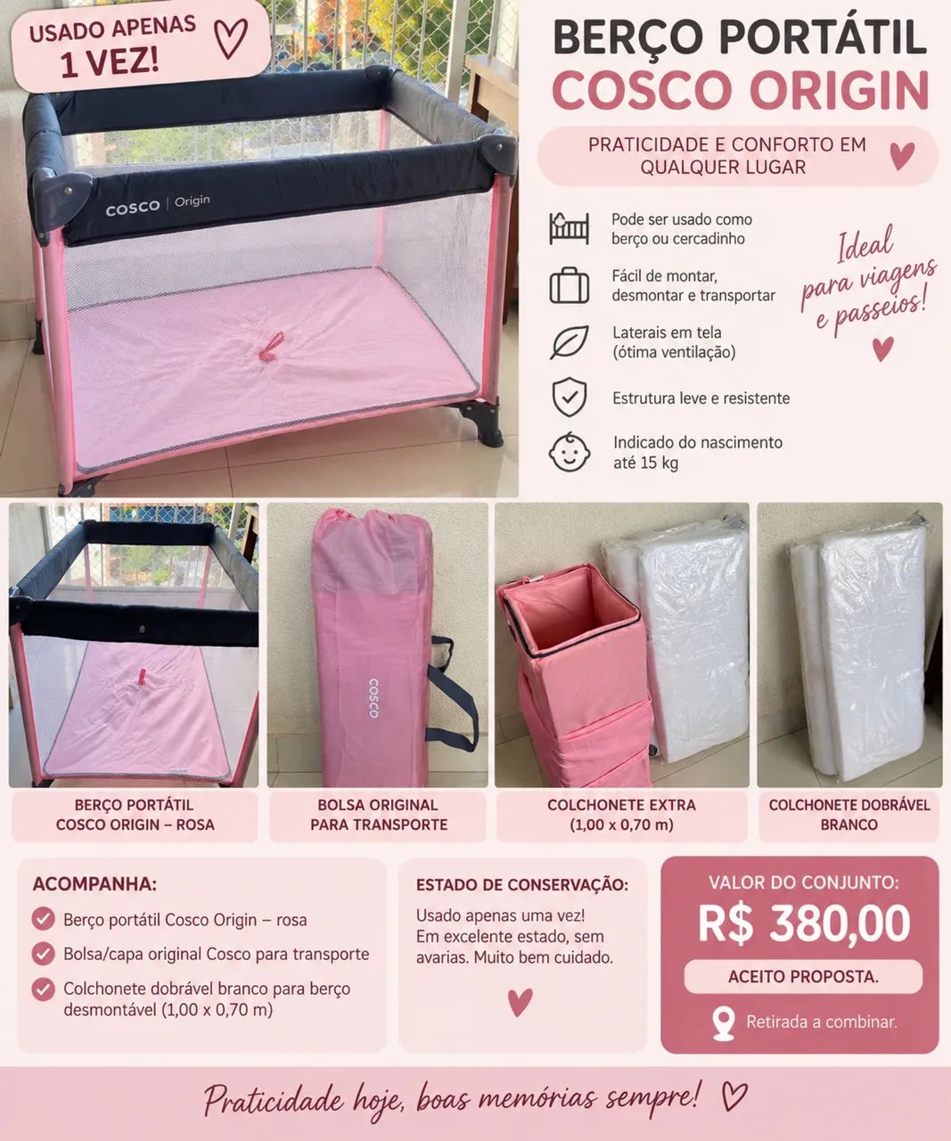 BERÇO PORTÁTIL COSCO ORIGIN ROSA + COLCHONETE EXTRA