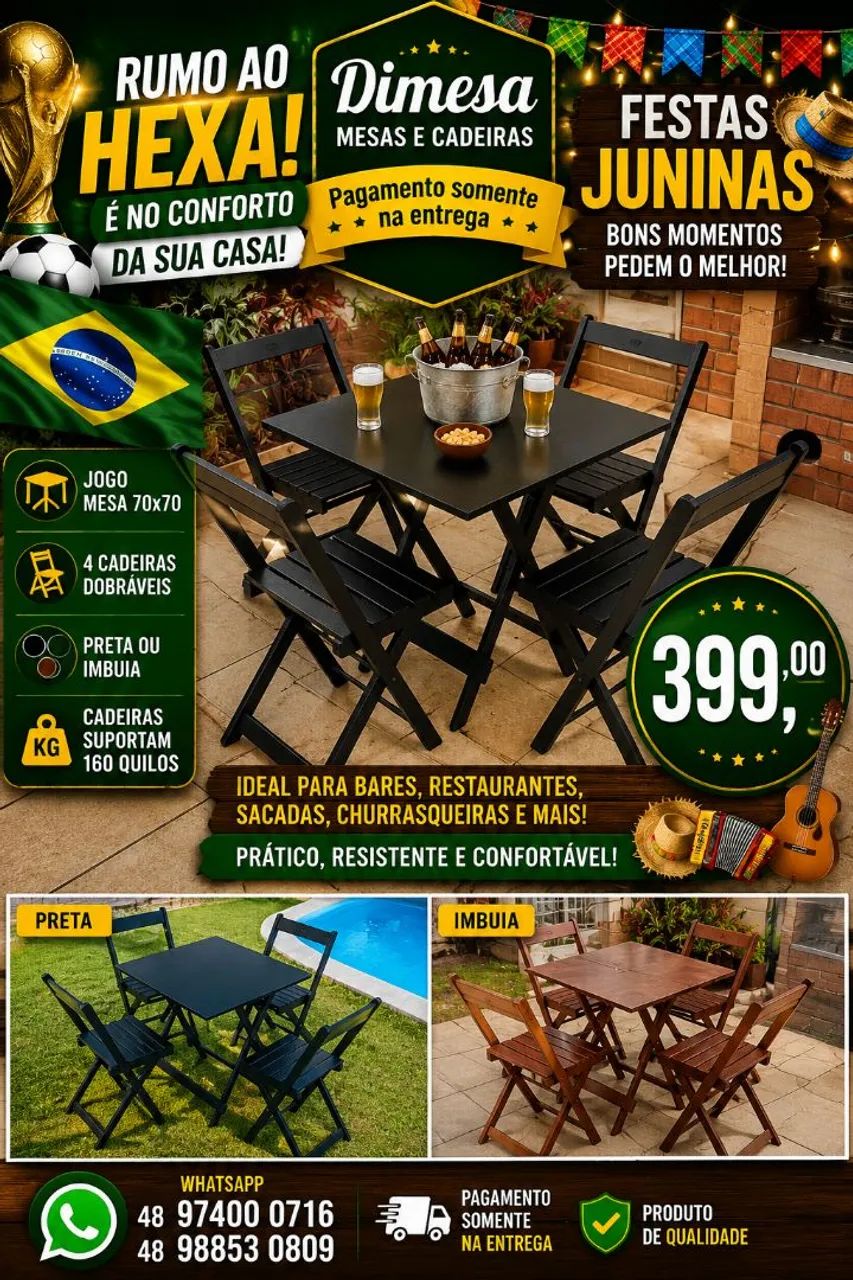 Mesa 70x70 com 4 Cadeiras Dobráveis  - R$ 399