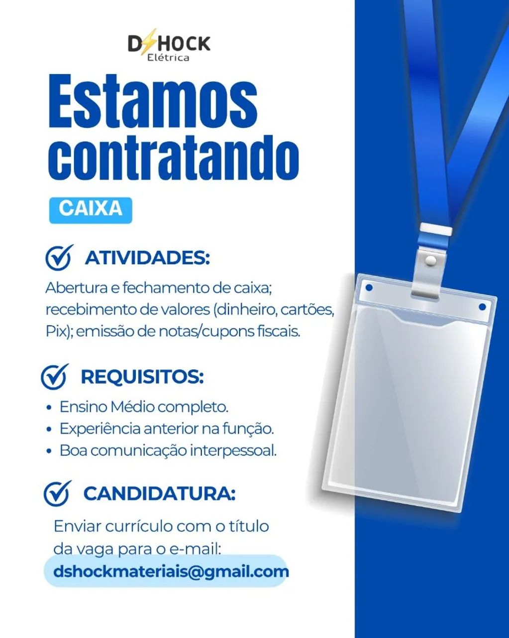 Vaga caixa/ almoxarifado/ vendedor(a)
