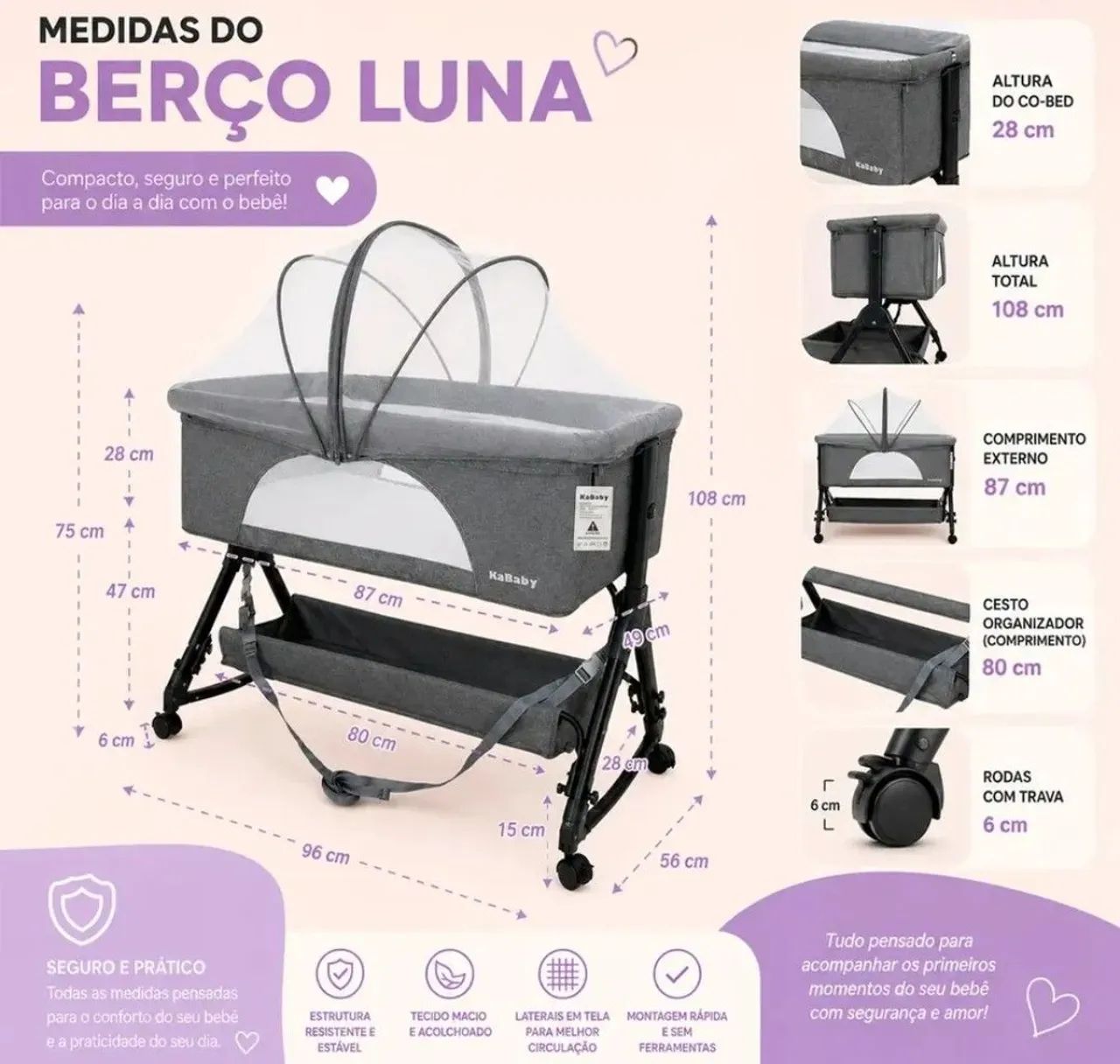 BERÇO CO-BED LUNA DA KA BABY! - Foto 4