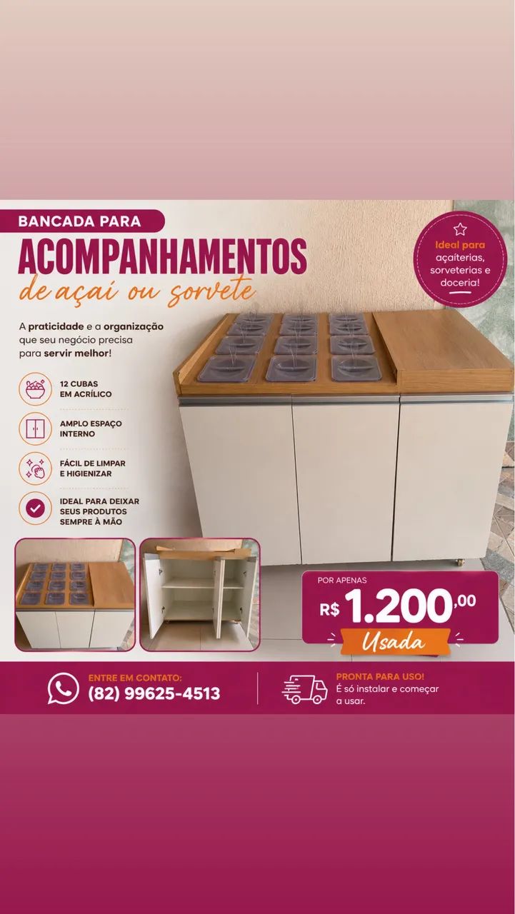 Bancada para acompanhantes de açaí e sorvete + 12 cubas em acrílico 