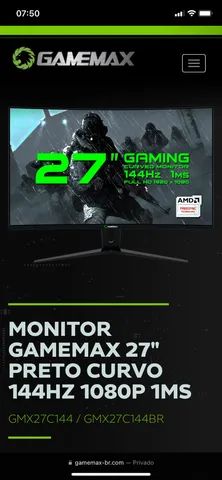 Monitor Gamer GAMEMAX 27 PRETO LED Curvado 144Hz 1Ms Full HD, GMX27C144BR