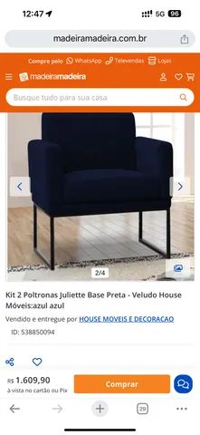 Kit 2 Poltronas Juliette Base Preta - tecido azul - Foto 6