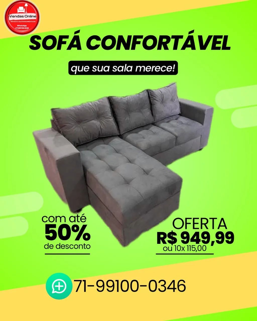 Sofá chaise frete grátis R$ 949,99 a vista 