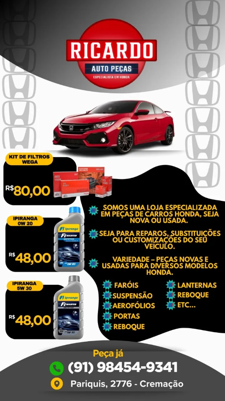 KIT DE FILTROS E ÓLEO, REVISÃO HONDA - PARA TODA LINHA HONDA.