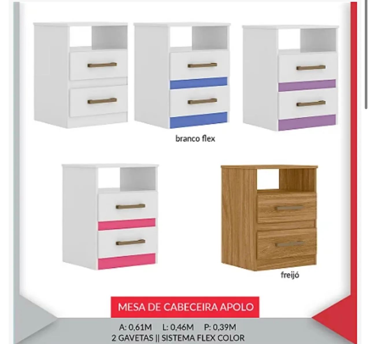 Mesa de Cabeceira Apolo com Gavetas e Cores Flex