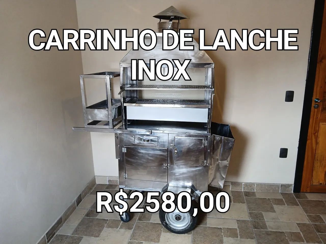 Carrinho de churrasco Inox com Chaminé - Ideal para Espetinho, Hambúrguer e Hot Dog