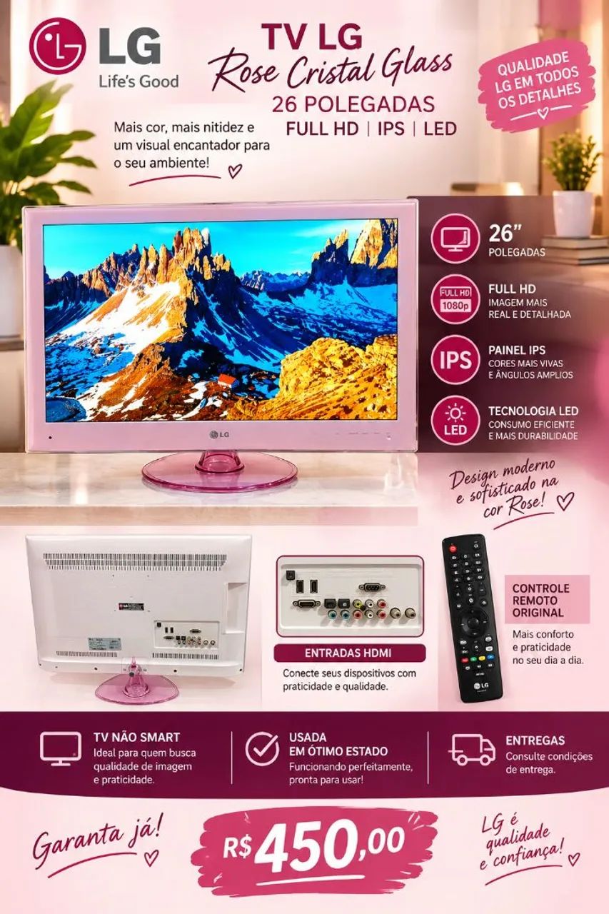 Tv LG Rose Cristal Glass 26 polegadas Full Hd - Não smart