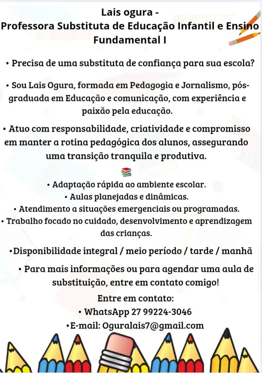 Professora Substituta - Educação Infantil e Fundamental 