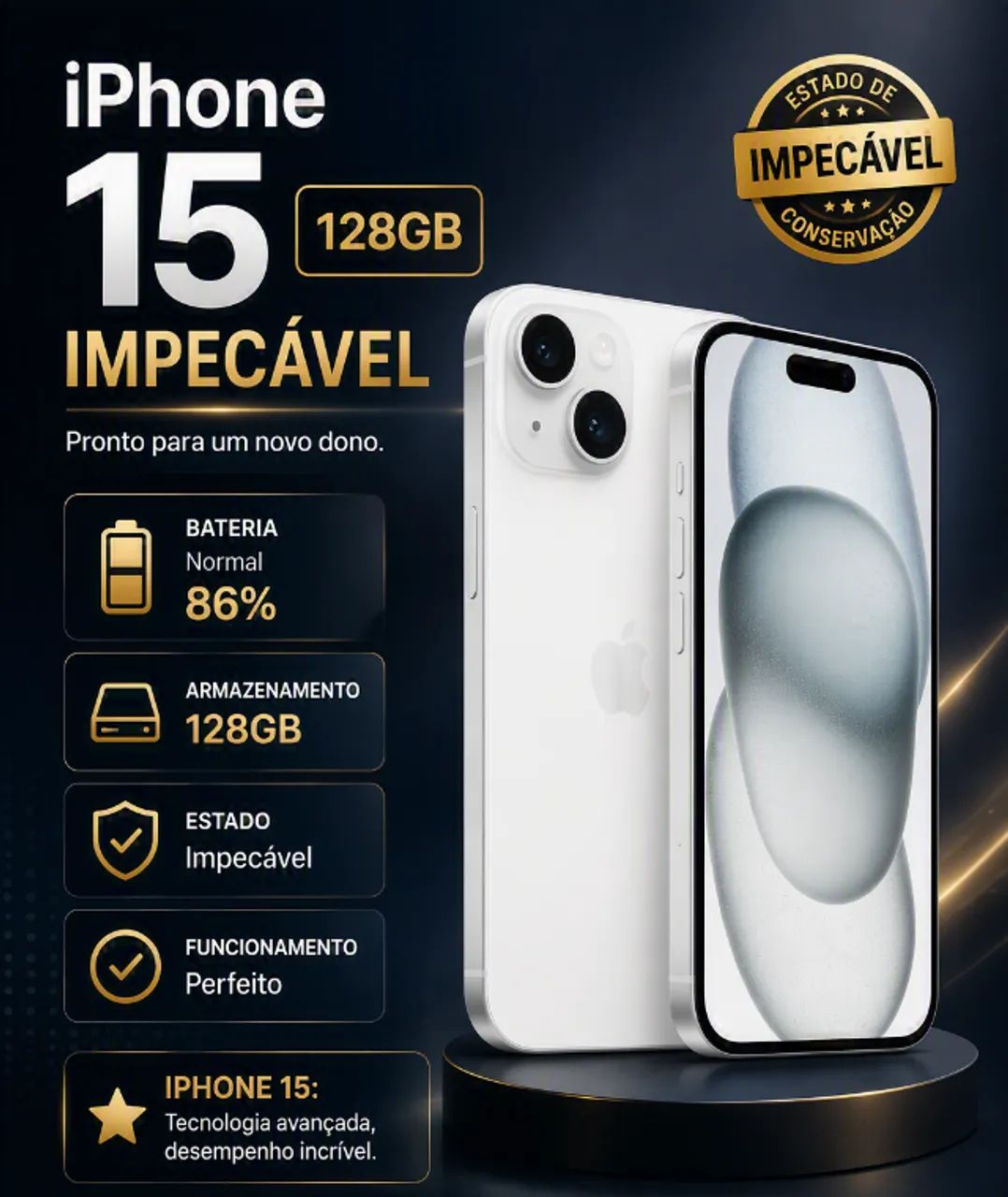 APPLE IPHONE 15 128GB - IMPECÁVEL - Celulares e Smartphones