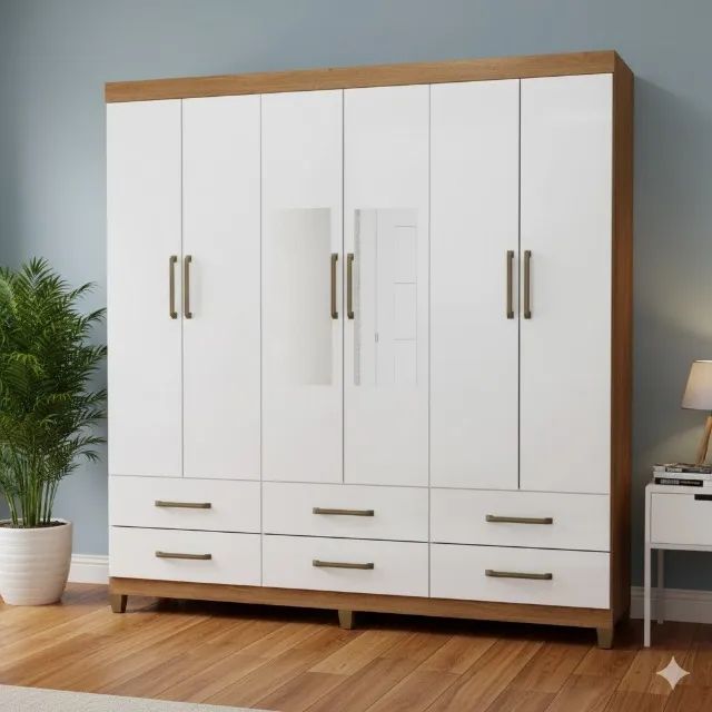 Guarda Roupa Dallas Cinamomo/Branco com Espelho (FRETE GRÁTIS)