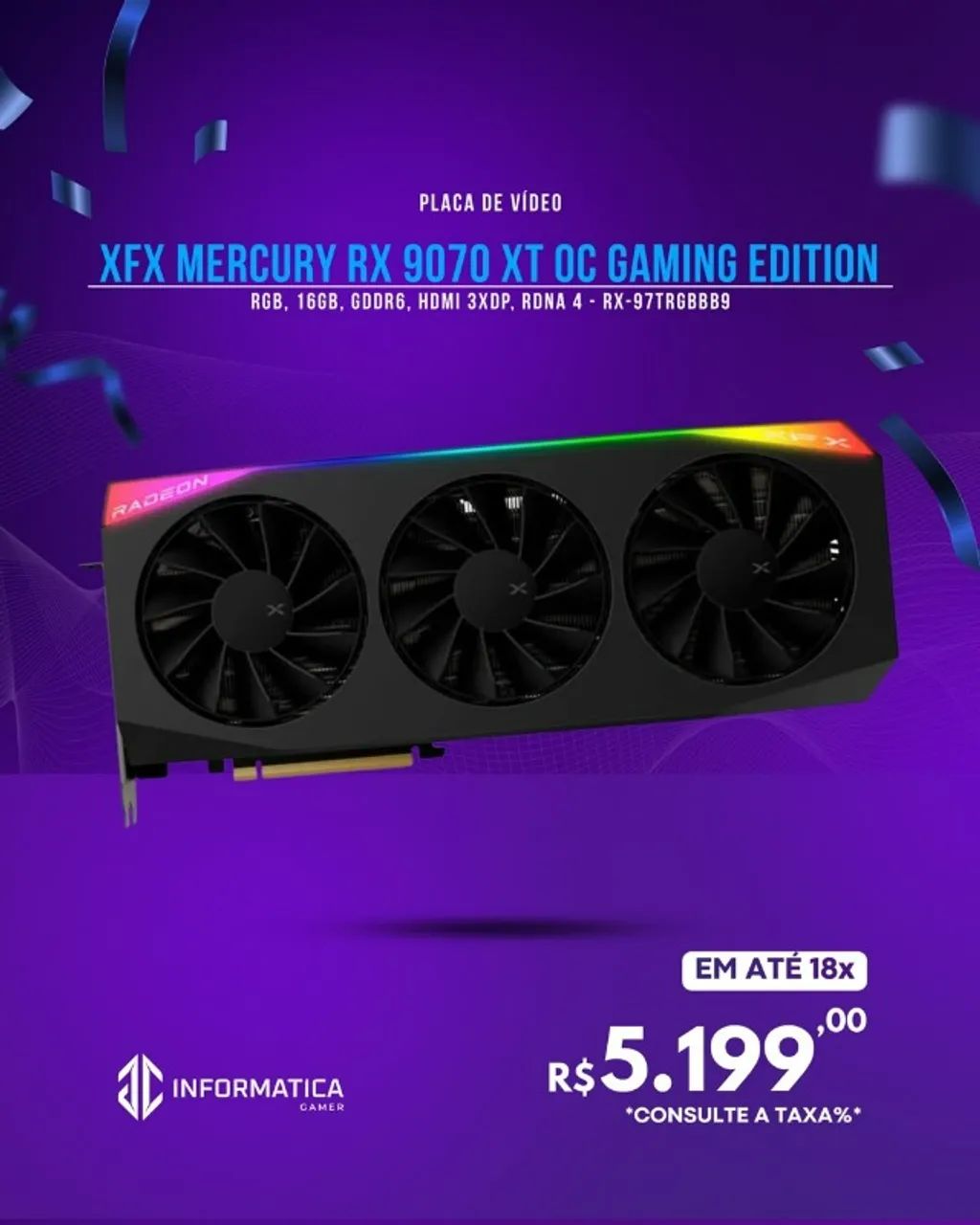 PLACA DE VÍDEO XFX MERCURY RX 9070 XT OC GAMING EDITION