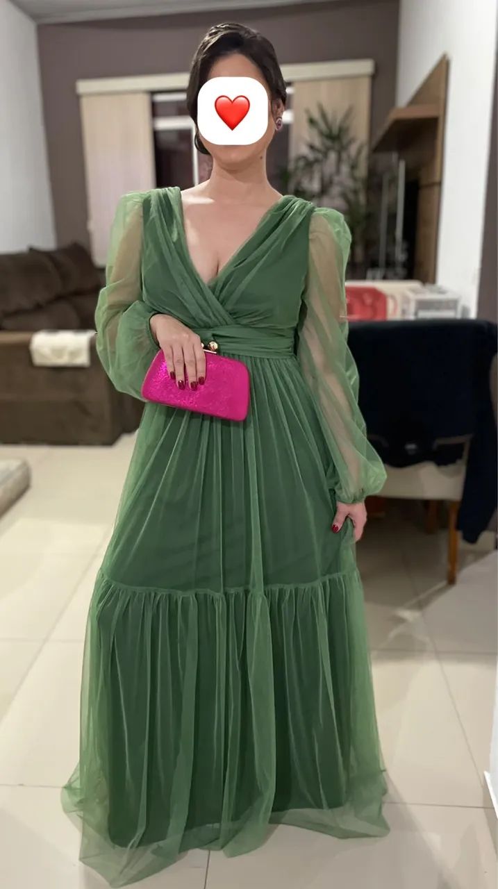 Vestido de Festa Verde Oliva | Elegante e Impecável | Usado 1x