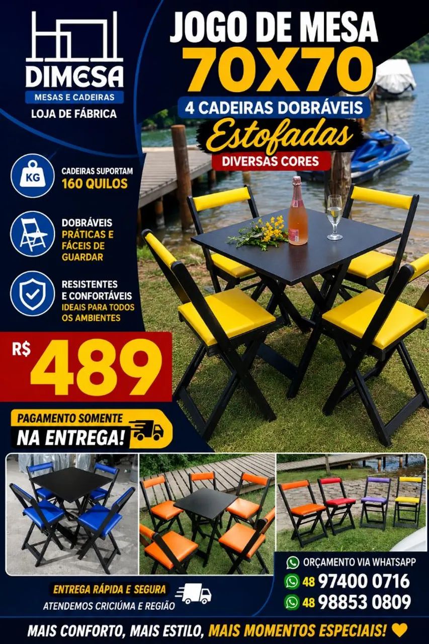 Conjunto estofado, mesa 70x70 com 4 cadeiras dobráveis 