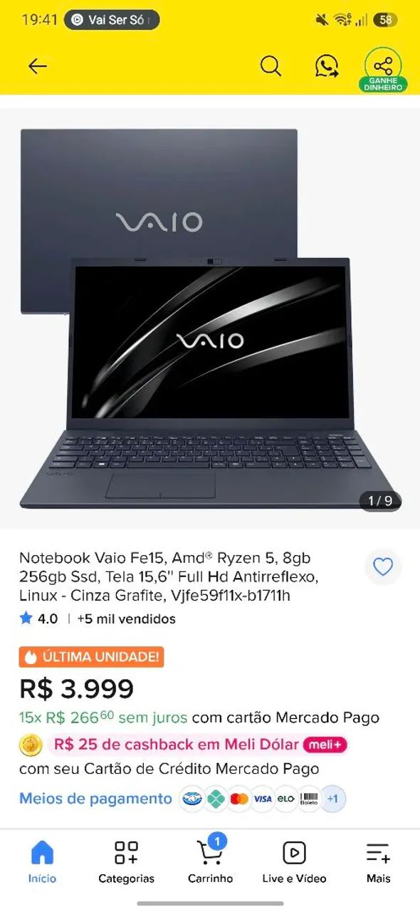 Notebook VAIO FE 15 + Mouse sem fio - Foto 4