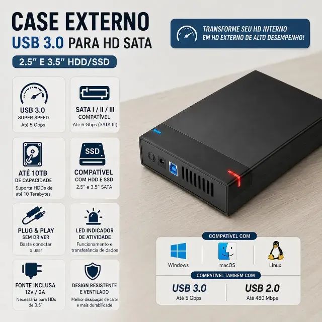 Case HD externo 2,5 e 3,5 novo lacrado com garantia! - Foto 2