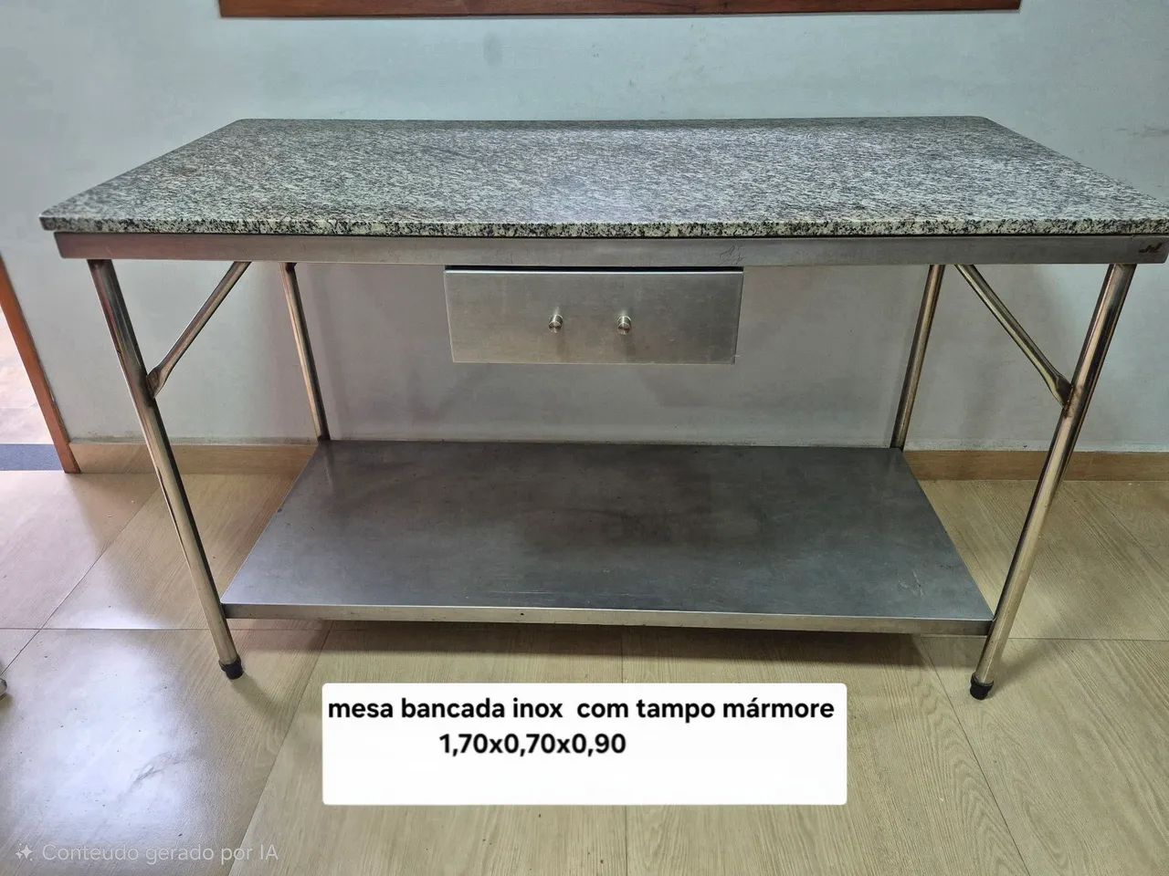 Mesa bancada de inox com pedra granito e gaveta