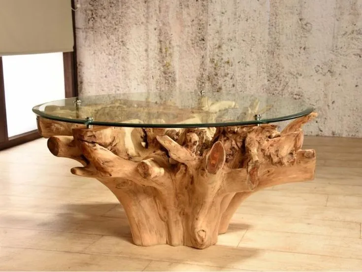 Mesa de centro rústica em madeira e vidro
