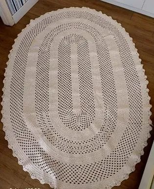 Tapete Oval Grande Crochê Sala Quarto Cor Cru Ponto Alto Baixo Corrente Bico em Leque
