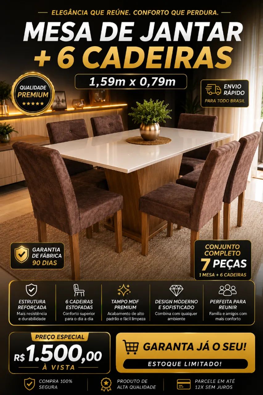 Mesa de Jantar 1,59m x 0,79m + 6 Cadeiras - Foto 2